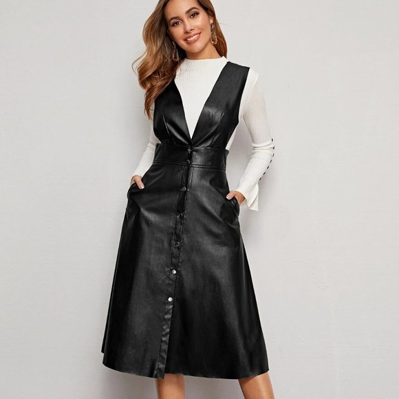 NEW IN BAG BOUTIQUE Dresses & Skirts - NEW PU Overall Dress Plunging Neck Button Front